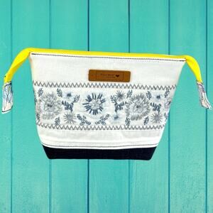 Handmade Upcycled Floral Embroidered White Denim Lined Cosmetic Pouch Bag
